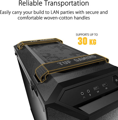 TUF Gaming GT501 Mid-Tower Gaming Case, EATX Support, Pre-Installed 4 Case Fans, USB 3.0 Front Panel, Smoked Tempered Glass, Steel Construction, 2 Year Warranty