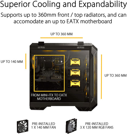 TUF Gaming GT501 Mid-Tower Gaming Case, EATX Support, Pre-Installed 4 Case Fans, USB 3.0 Front Panel, Smoked Tempered Glass, Steel Construction, 2 Year Warranty